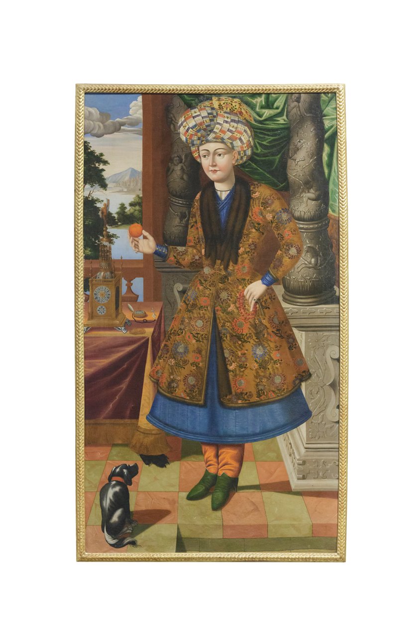 Um homem em traje persa, artista desconhecido, período Safávida (óleo sobre tela) de School Iranian