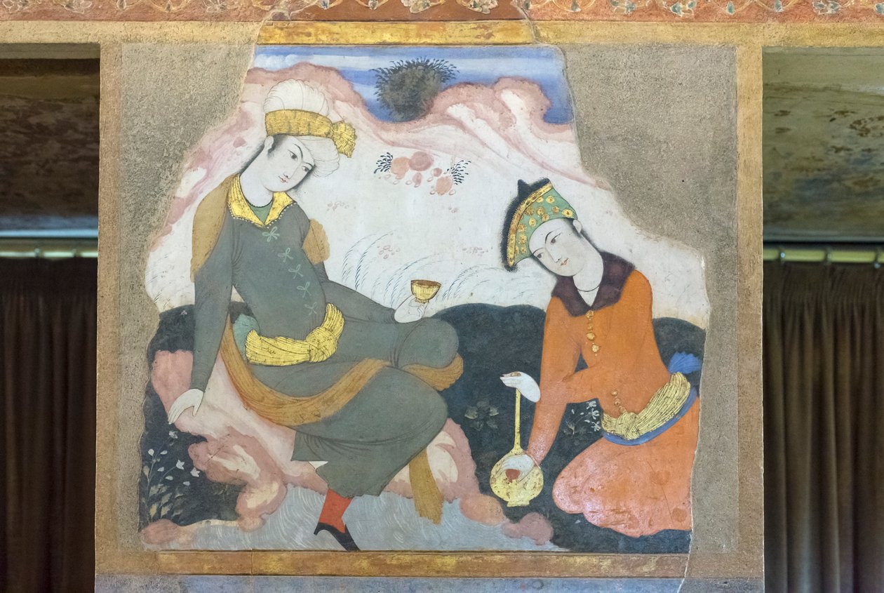 Fresco no palácio Chehel Sotoun, Esfahan, Irão de School Iranian