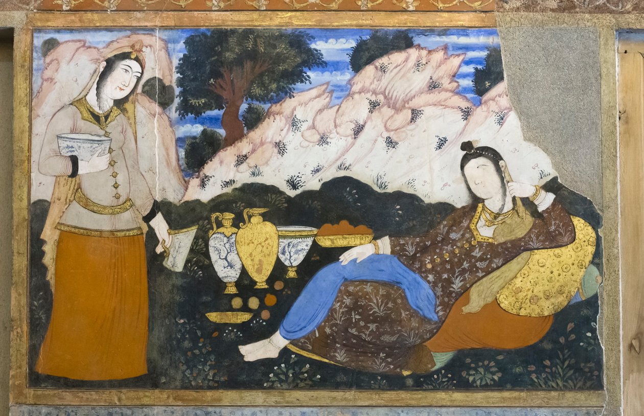 Fresco no palácio Chehel Sotoun, Esfahan, Irão de School Iranian
