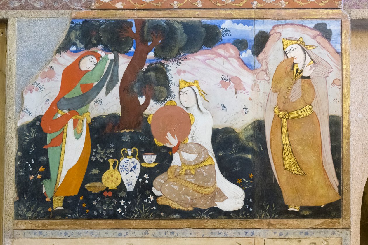 Fresco no palácio Chehel Sotoun, Esfahan, Irão de School Iranian