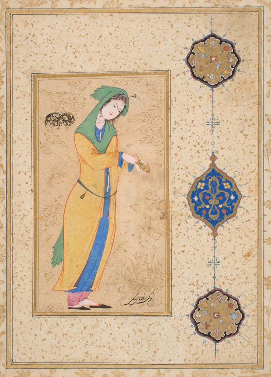 Houri em pé num Jardim (aguarela opaca sobre papel) de School Iranian