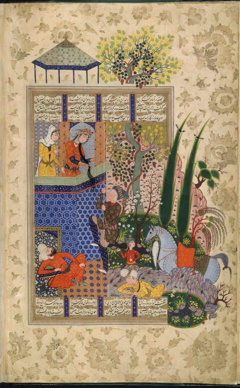 Zal na varanda de Rudaba, de Shahnama por Firdawsi (vellum) de School Iranian