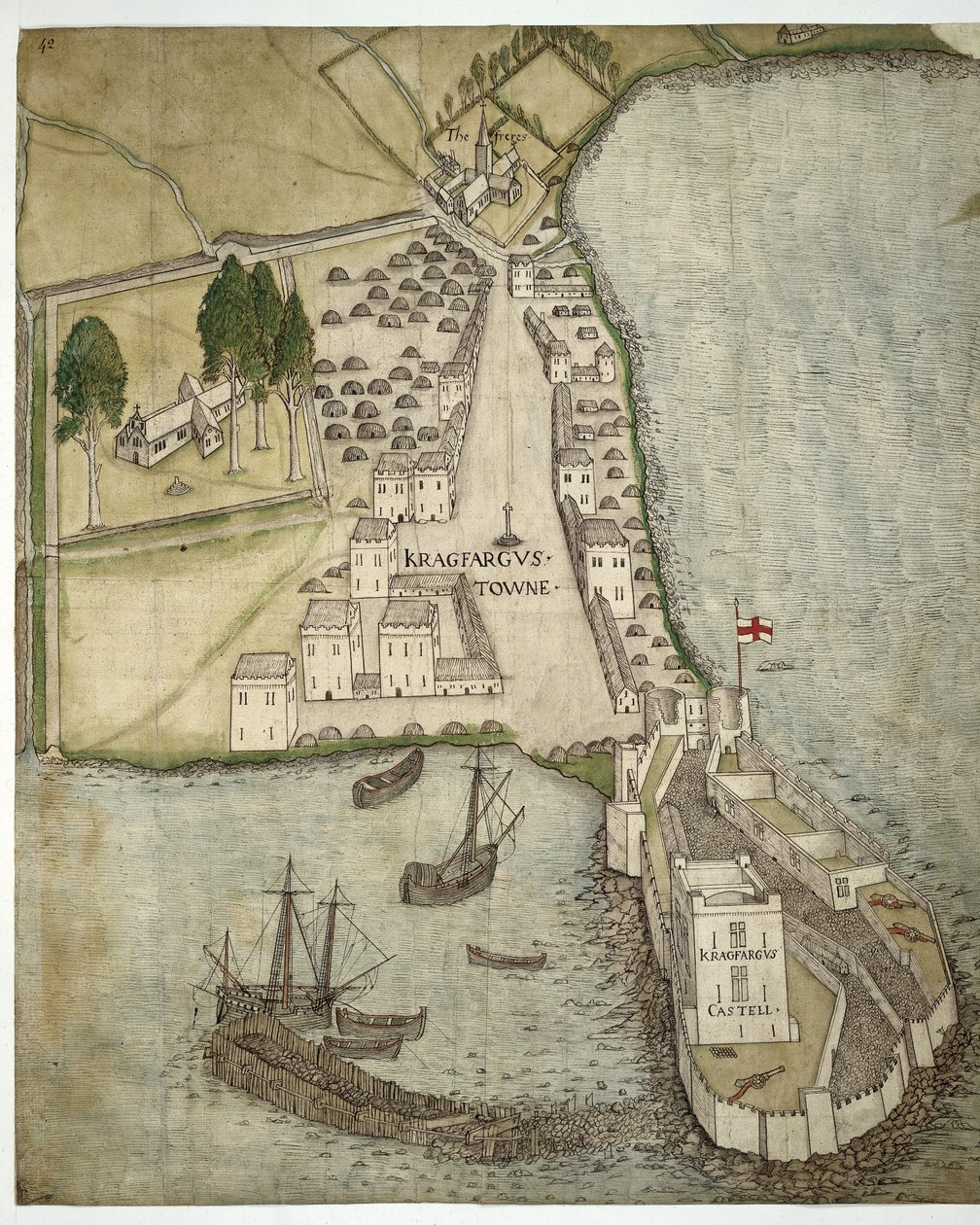 The Castle and Town of Carrickfergus, Irlanda, c.1560 (caneta e tinta e aguarela sobre papel) de School Irish