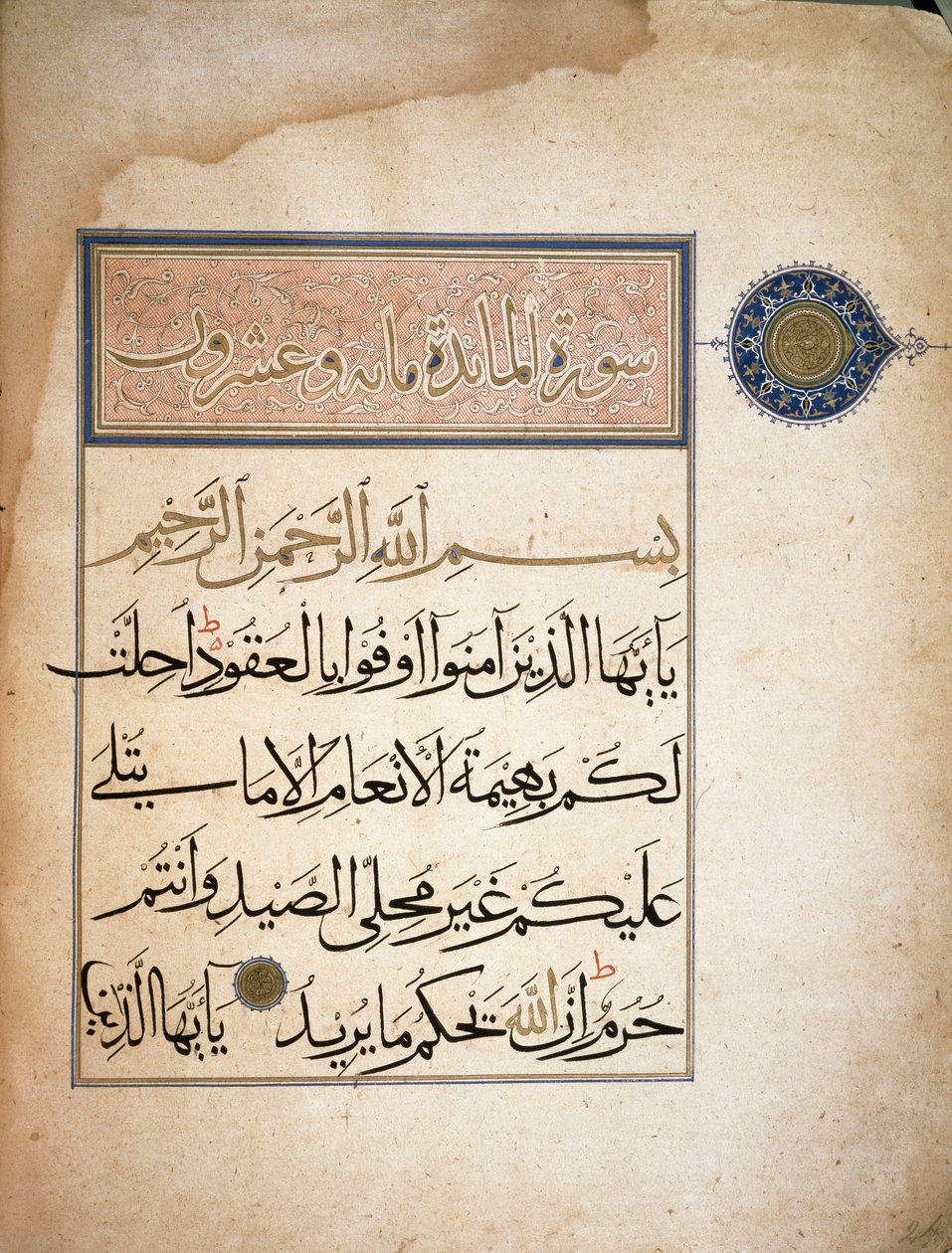 Primeiros Versos de Surah V do Alcorão. Turim, Biblioteca Nazionale de School Islamic