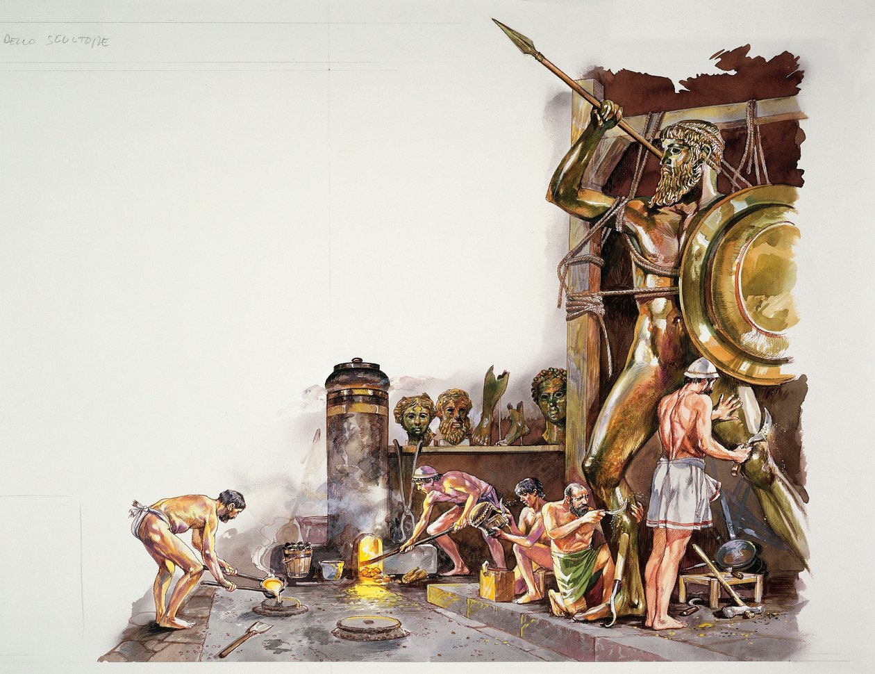 Antiga Atenas - reconstrução de uma oficina de escultura em bronze (cor litho) de School Italian