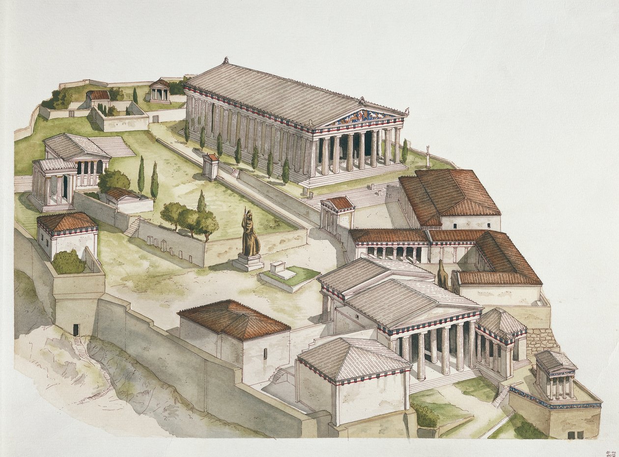 Atenas Antiga - reconstrução da Acrópole, século V a.C. (cor litho) de School Italian