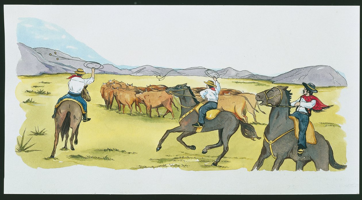 Argentina - gaúchos que recolhem gado nos Pampas (cor litho) de School Italian
