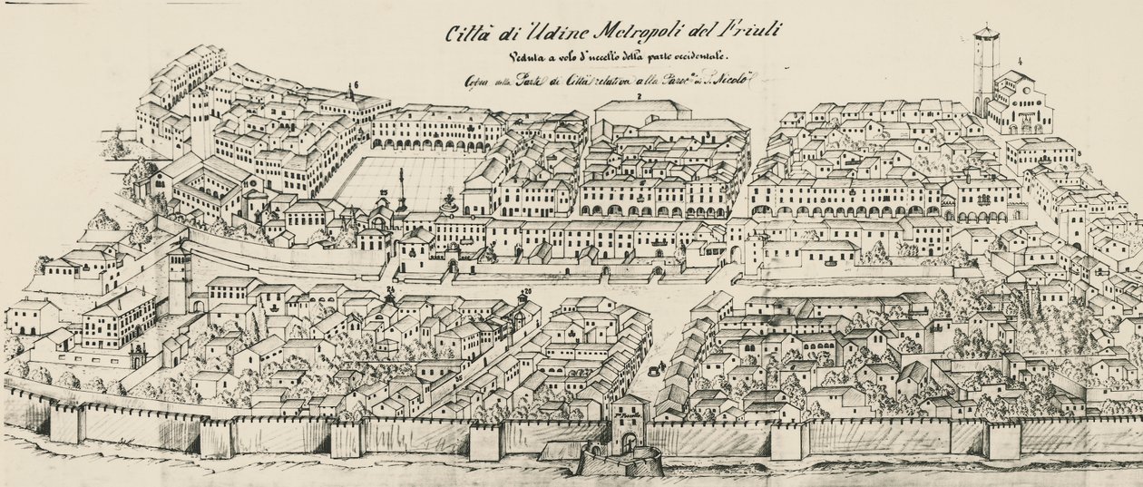 Vista aérea da parte ocidental da cidade de Udine, gravura, Itália de School Italian
