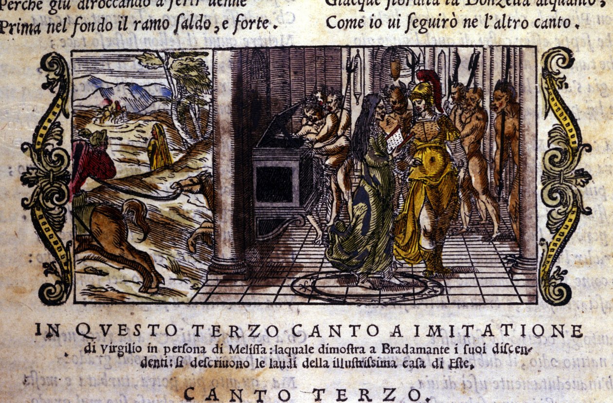 Bradamante conhece a mágica Melisse que lhe diz que ela e Roger (Ruggero, Ruggiero) fundaram a dinastia Este, Cena retirada do poema cavalheiresco "Orlando Furioso" de Ludovico Ariosto (1474 - 1533) dit L