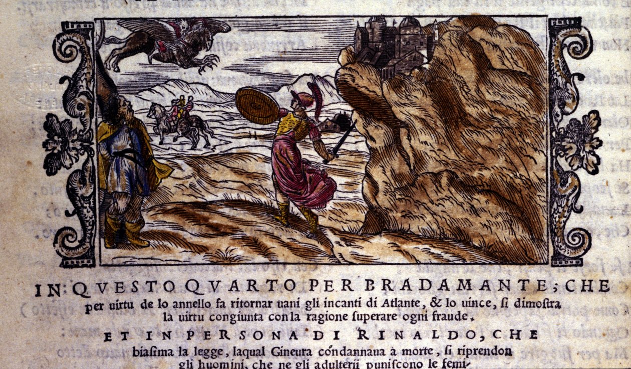 Bradamante rasga Brunel seu anel encantador, graças ao qual ela detesta o poder de Atlante e delivre Roger (Ruggero, Ruggiero), cena do poema do cavaleiro "Orlando Furioso" (O Roland Furioso) de Ludovico Ariosto (1474 - 1533) dit L