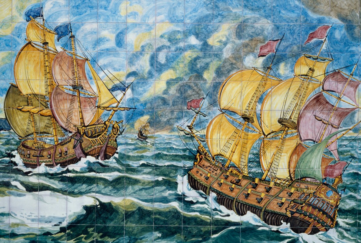 Painel cerâmico representando dois veleiros, produção Vietri sul Mare, Campania, Itália, Detalhe de School Italian