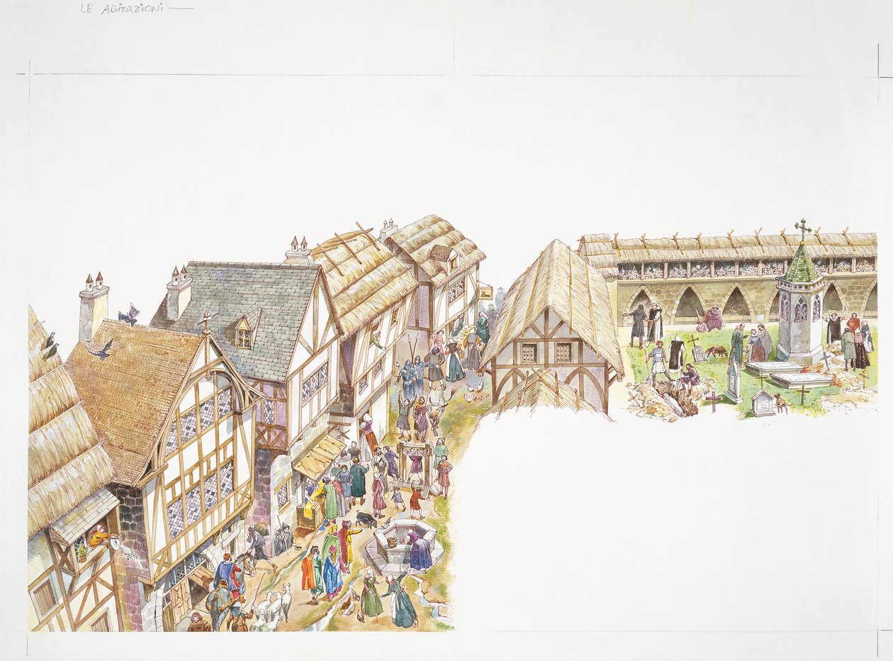 França, Idade Média - reconstrução da vida quotidiana de uma aldeia (cor litho) de School Italian