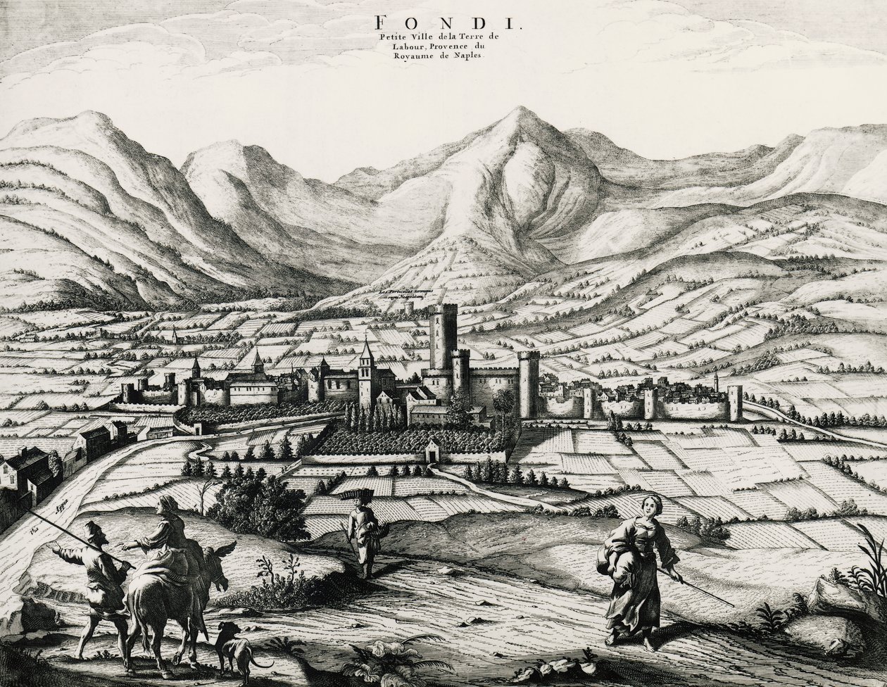 Cidade de Fundi no Lazio, gravura, Itália de School Italian
