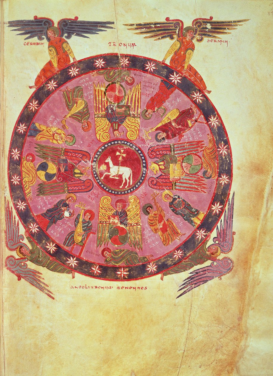 Ms. M. 644 f.87 Apocalipse 4:4 Adoração do Cordeiro pelos vinte e quatro Anciãos, cópia do "Comentário ao Apocalipse" de Beato de Liebana e Valcavado, 776 (velino) de School Italian