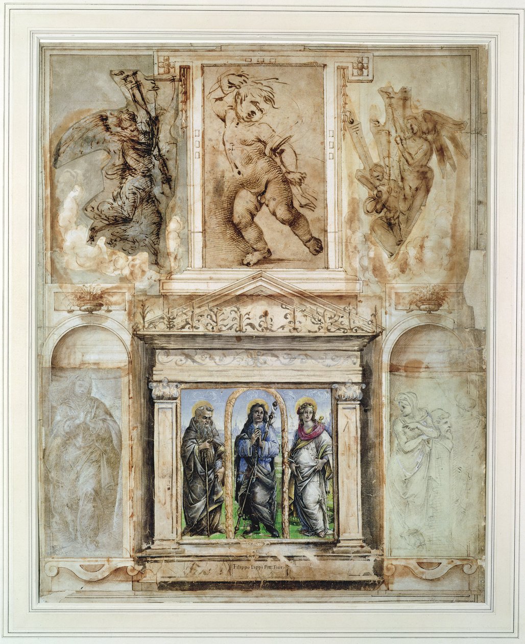 Página de &39;Libro dei Desegni&39; por Georgio Vasari (1511-74) montada e emoldurada após 1524 (ponta de metal no papel) de School Italian
