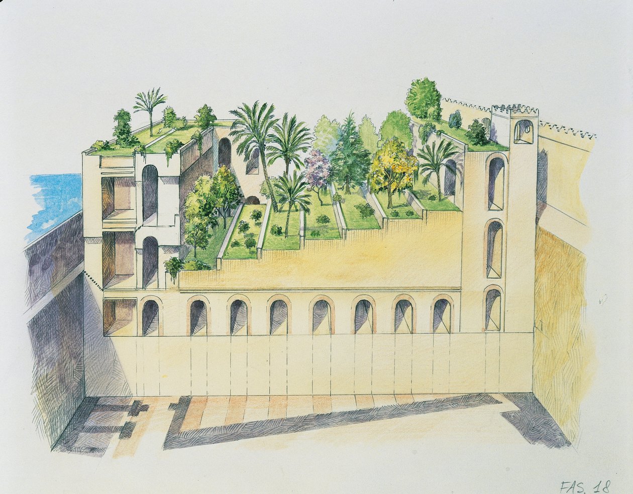 Palácio de Nabucodonosor, Babilónia, com jardins suspensos (cor litho) de School Italian