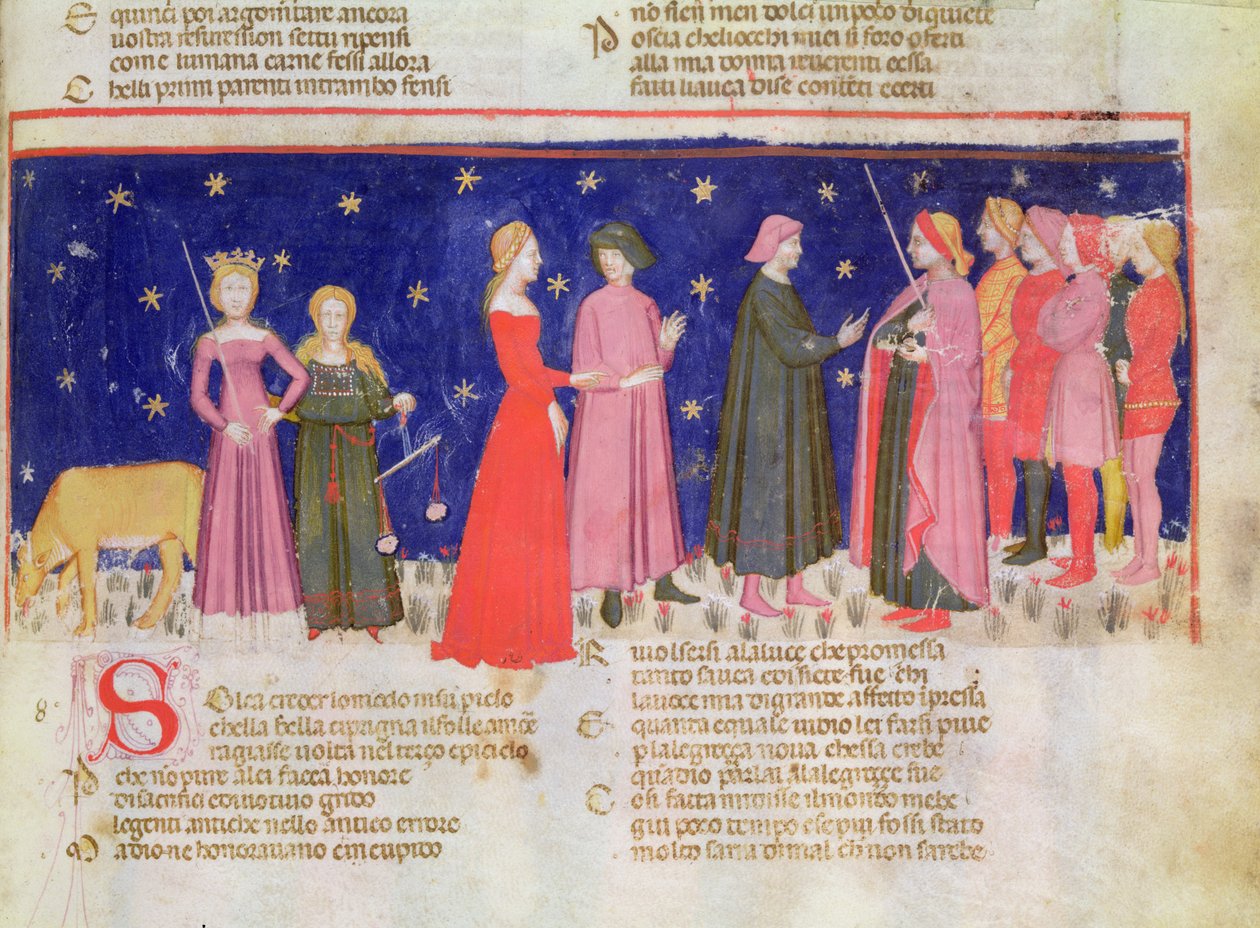 Paraíso VIII f.58r Conversa com Carlo Martello, de "A Divina Comédia" de Dante Alighieri (1254-1321) (vellum) de School Italian
