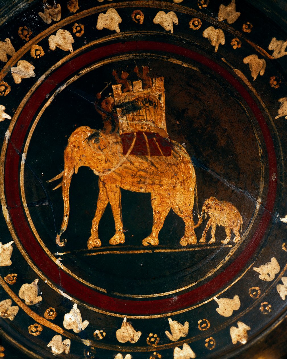 Placa decorada com figuras de elefantes de guerra de School Italian