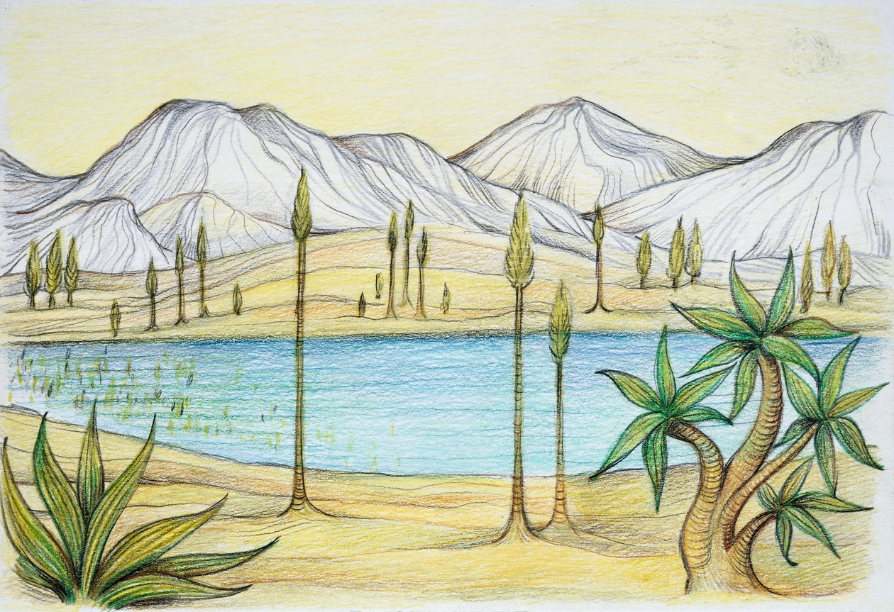 Pré-história - Triássico - reconstrução do ambiente natural (cor litho) de School Italian