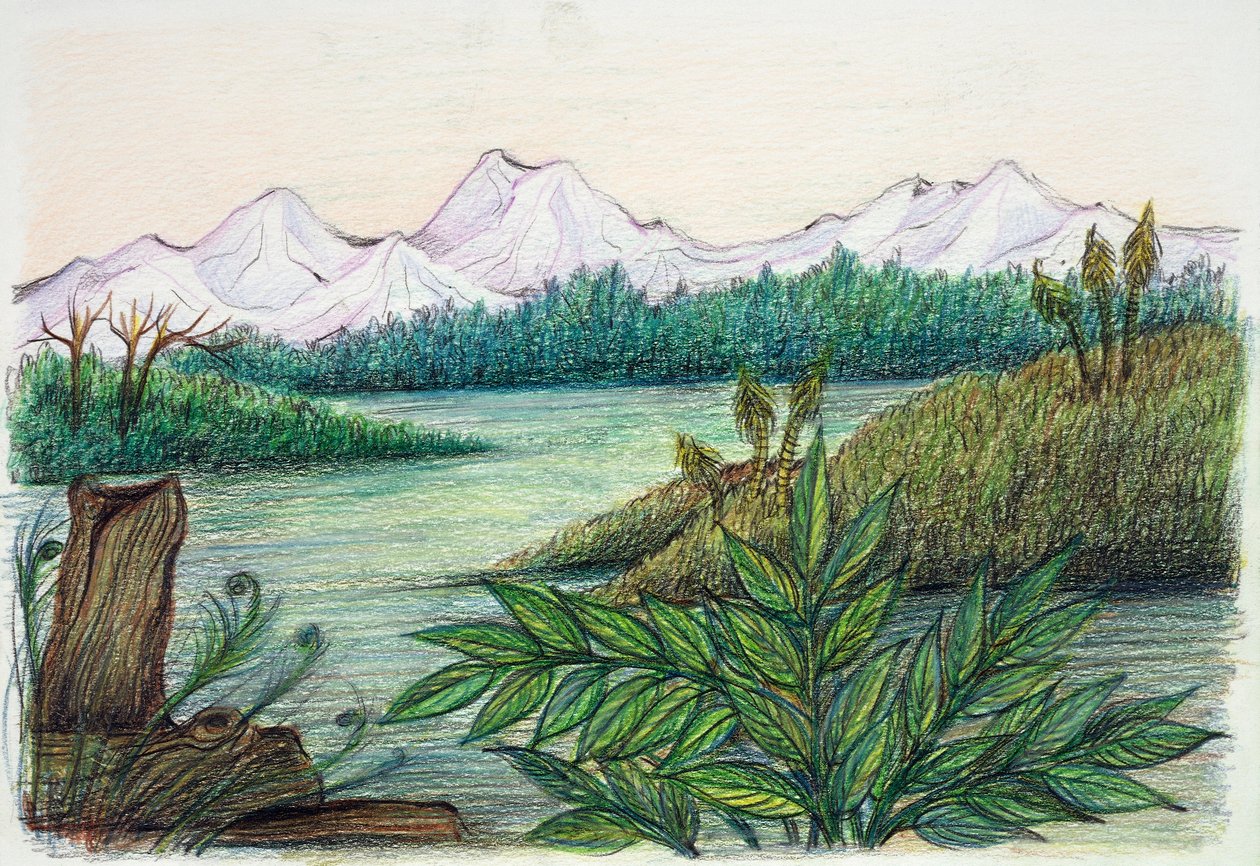 Pré-história - resconstrução do ambiente natural (cor litho) de School Italian