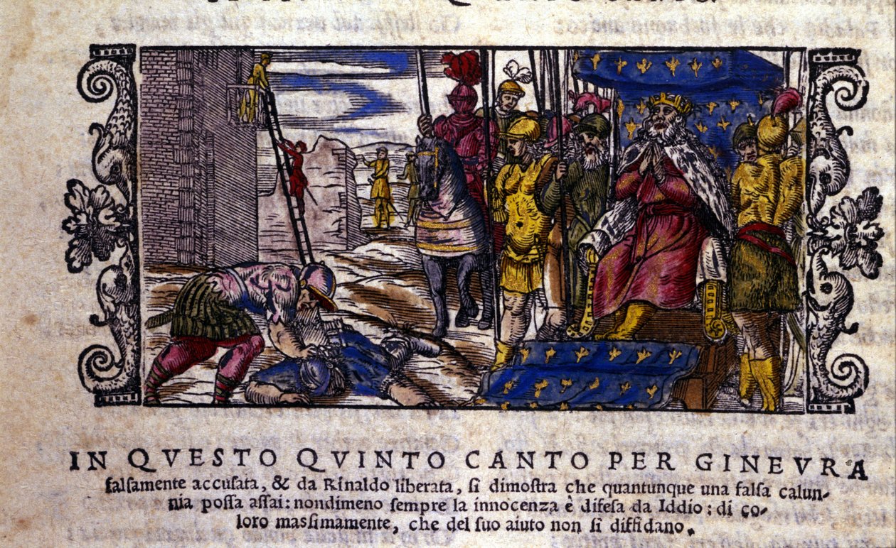 A princesa Ginevra é inocente e a luta entre o caluniador e o cavaleiro desconhecido que veio defender Ginevra é interrompida. cena do poema do cavaleiro "Orlando Furioso" (O Roland Furioso) de Ludovico Ariosto (1474 - 1533) chamado L