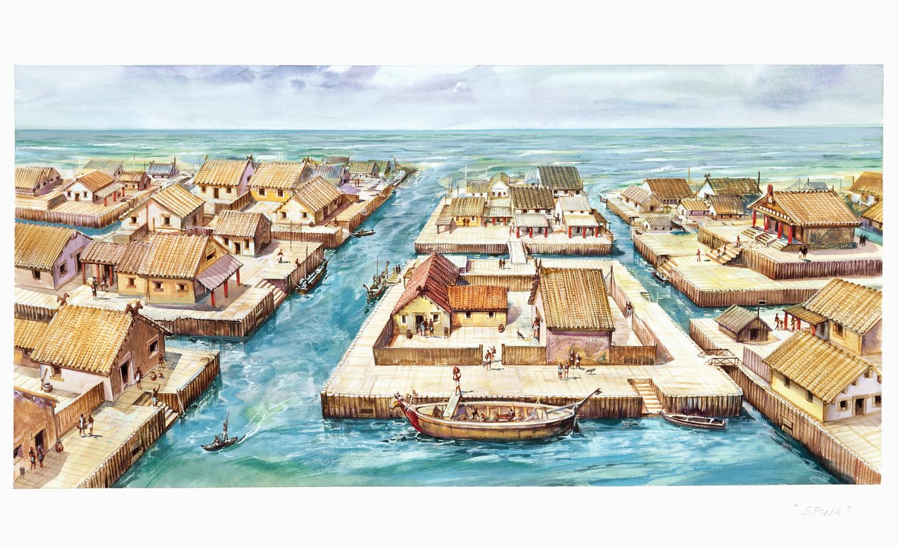 Reconstrução do porto de Spina (cor litho) de School Italian