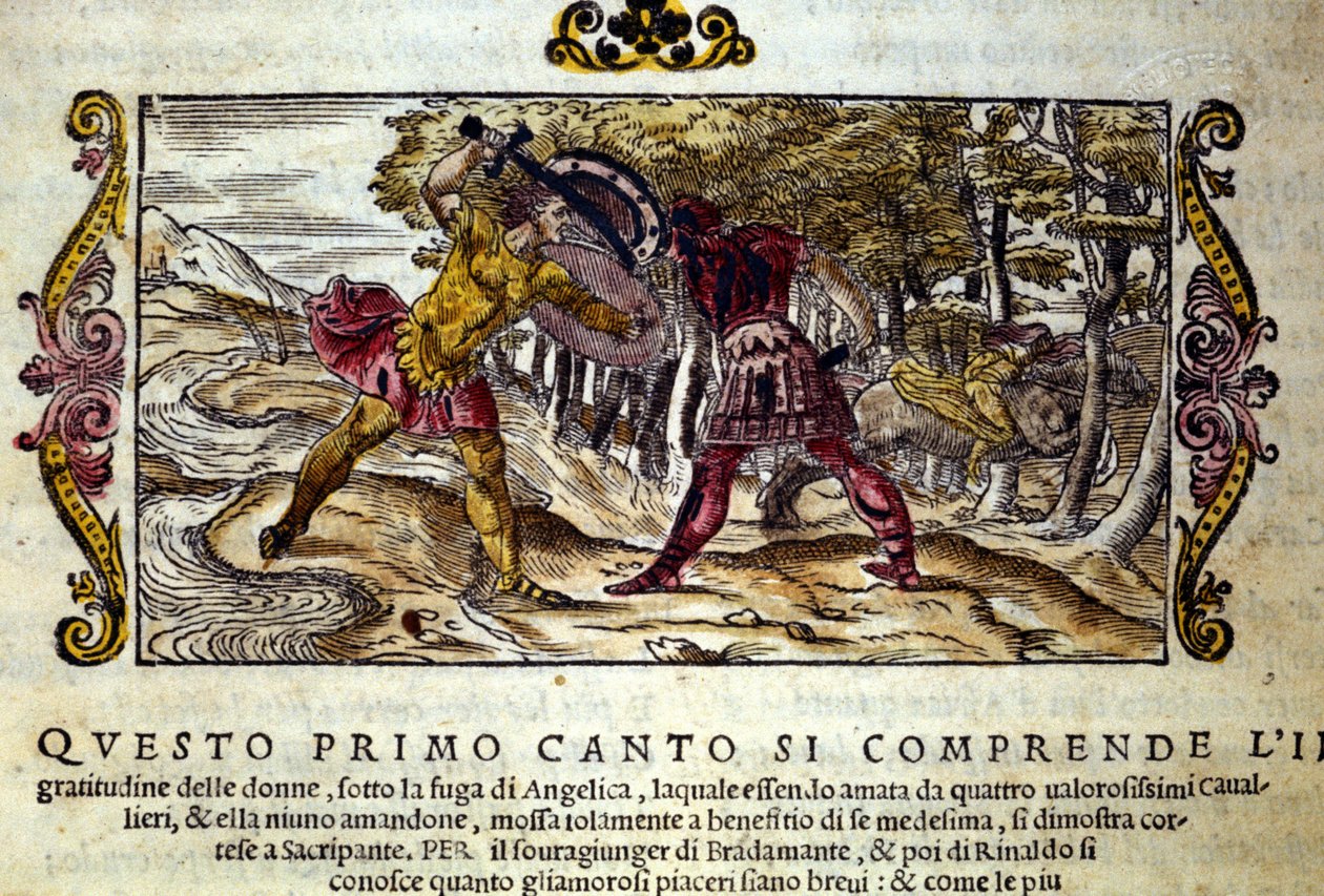 Representação da luta entre Ferragus, o trigo sarraceno e Renaud (Rinaldo), ambos apaixonados pela bela Angélica, cena retirada do poema do cavaleiro "Orlando Furioso", de Ludovico Ariosto (1474-1533) de School Italian