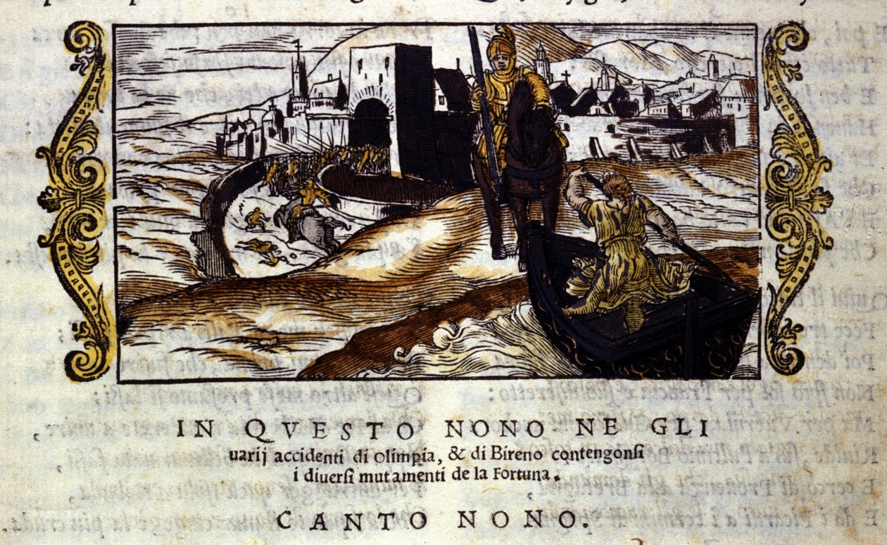 Roland vem em socorro de Olympia. Cena do poema do cavaleiro "Orlando Furioso" (The Furious Roland) de Ludovico Ariosto (1474 - 1533) conhecido como L