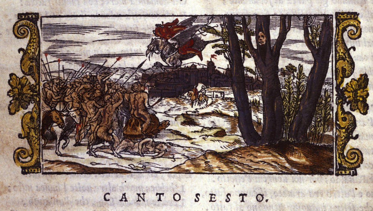 Ruggiero é levado pelo hippogrifo à ilha de Alcina onde é atacado por um exército de monstros, cena de "Orlando Furioso" de Ludovico Ariosto (1474-1533) de School Italian