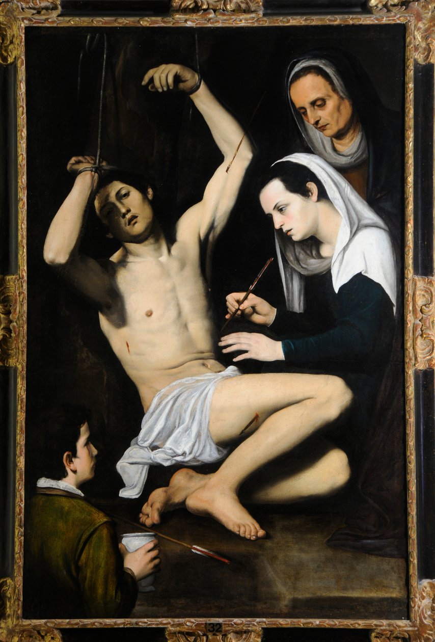 São Sebastião atendido pelas Santas Mulheres, c.1590-1650 (óleo sobre tela) de School Italian