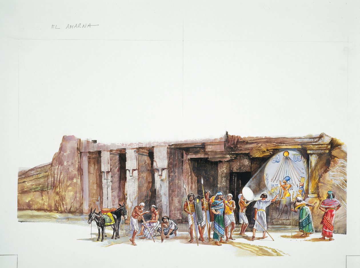 Tell el-Amarna - reconstrução da adoração do deus Aton, retratado como o disco solar (cor litho) de School Italian