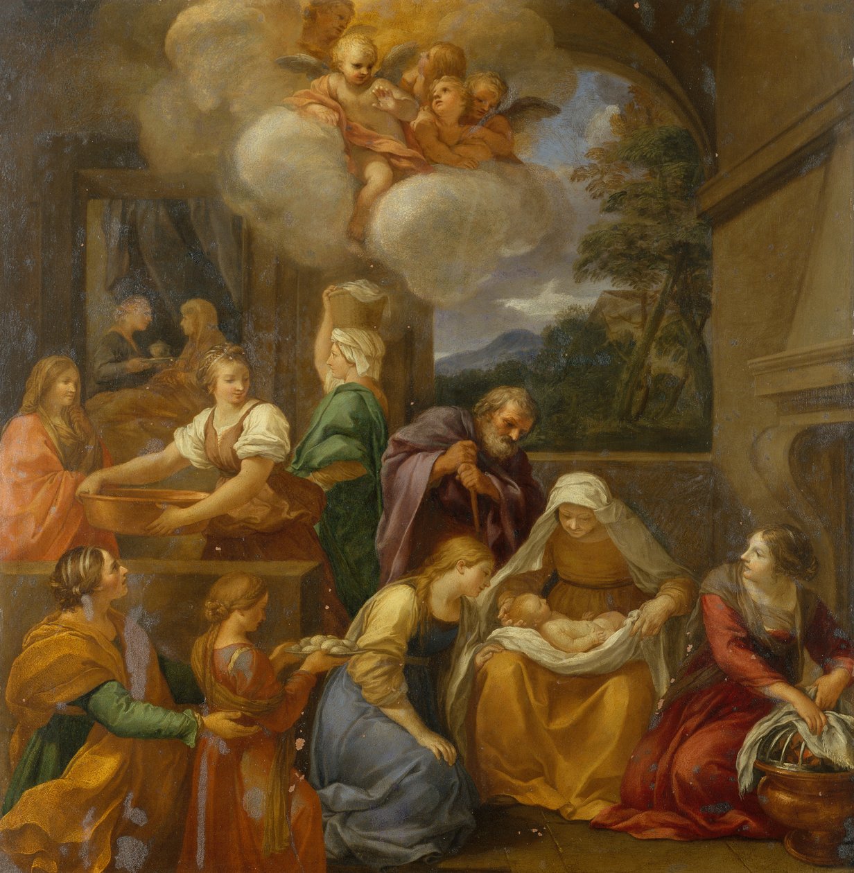 O Nascimento de João Batista (óleo sobre cobre) de School Italian