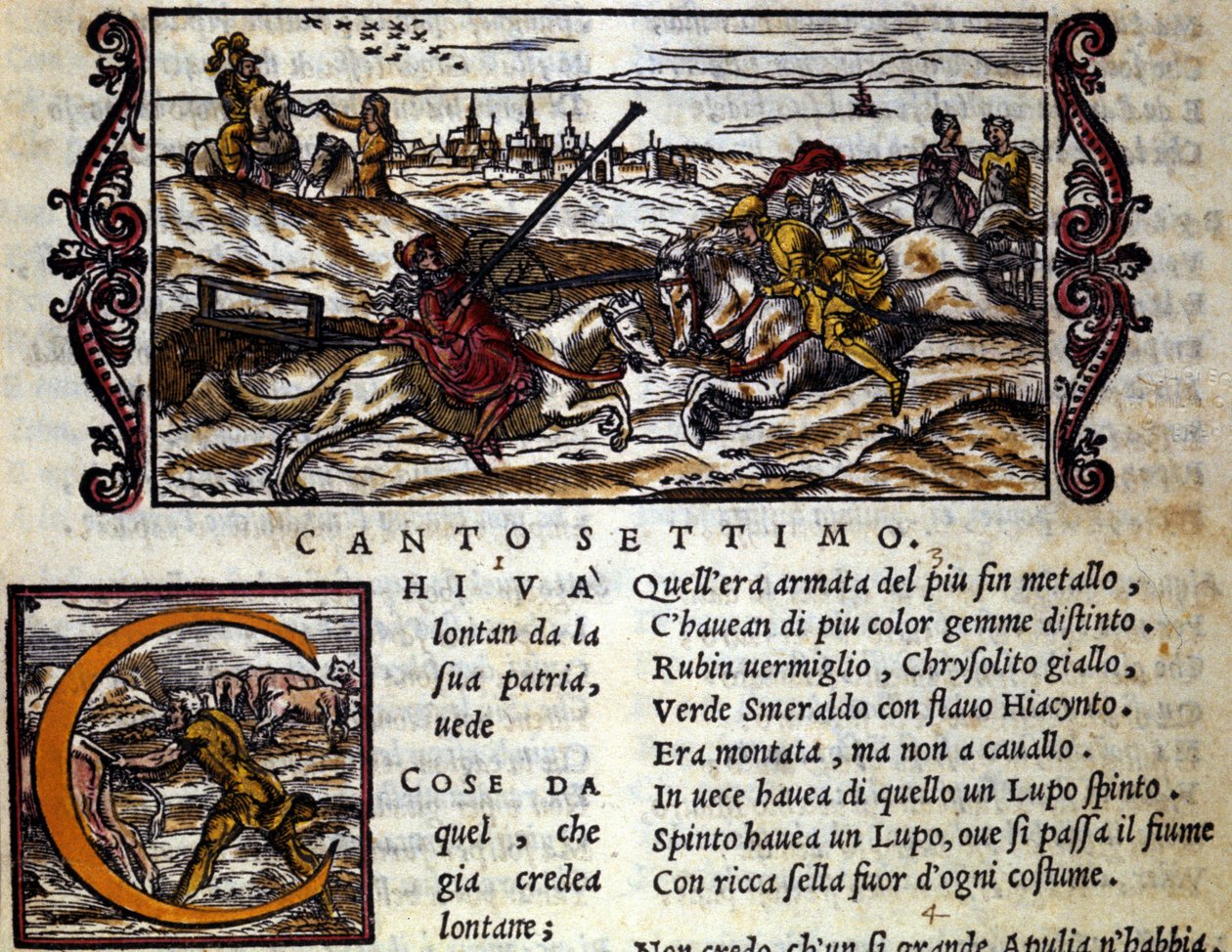 O gigante Eryphila montado em uma luta de lobos Roger (Ruggero, Ruggiero) - Cena do poema cavaleiro de "Orlando Furioso" (O Roland Furioso) de Ludovico Ariosto (1474 - 1533) chamado L