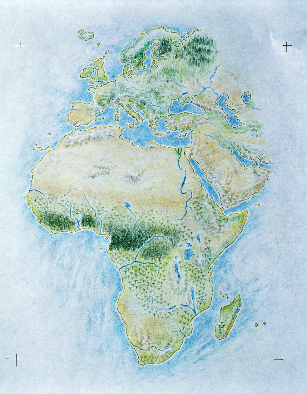Mapa não marcado de África e Europa (cor litho) de School Italian