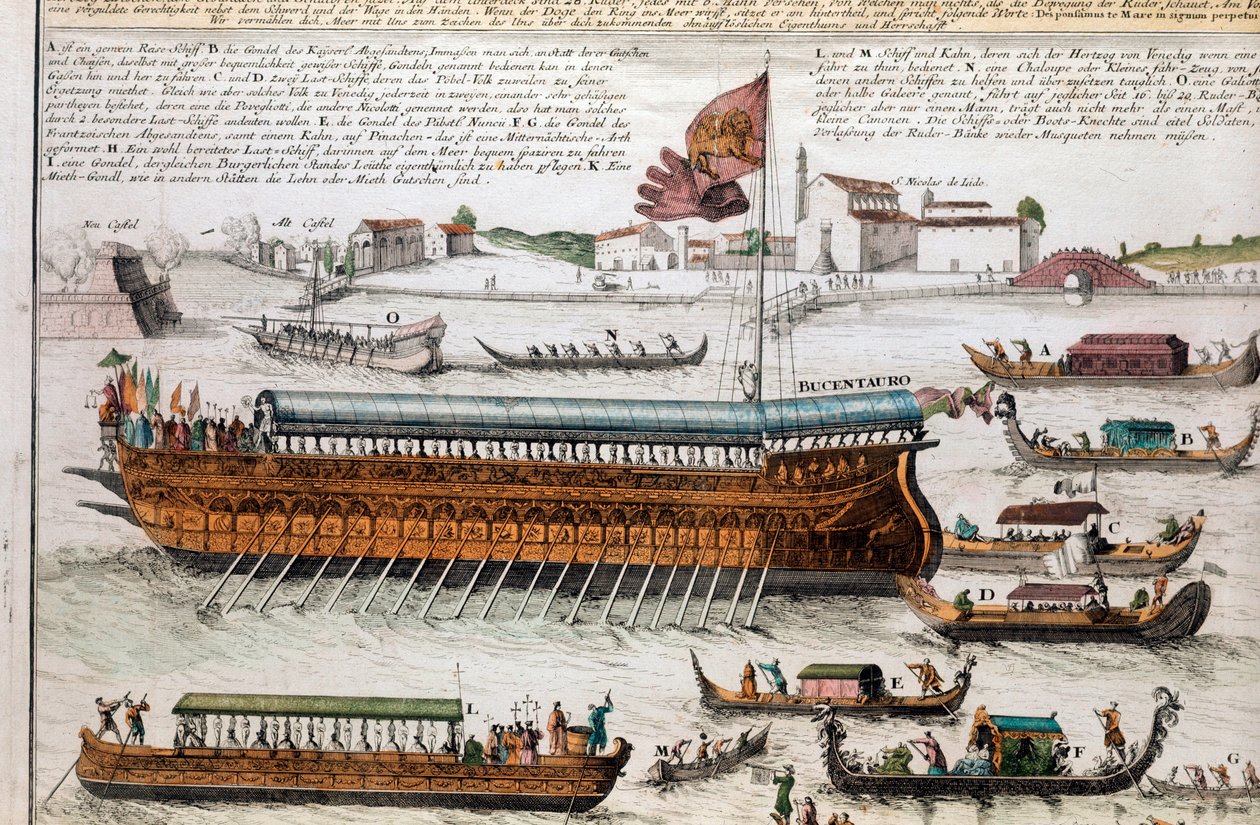 Vista da lagoa de Veneza e do Bucentauro. (Bucentauro) No dia da Ascensão, o Doge cruzou a lagoa de Veneza para chegar à boca do mar aberto a bordo de um navio chamado Bucentauro. Gravura. Veneza, museu correr de School Italian