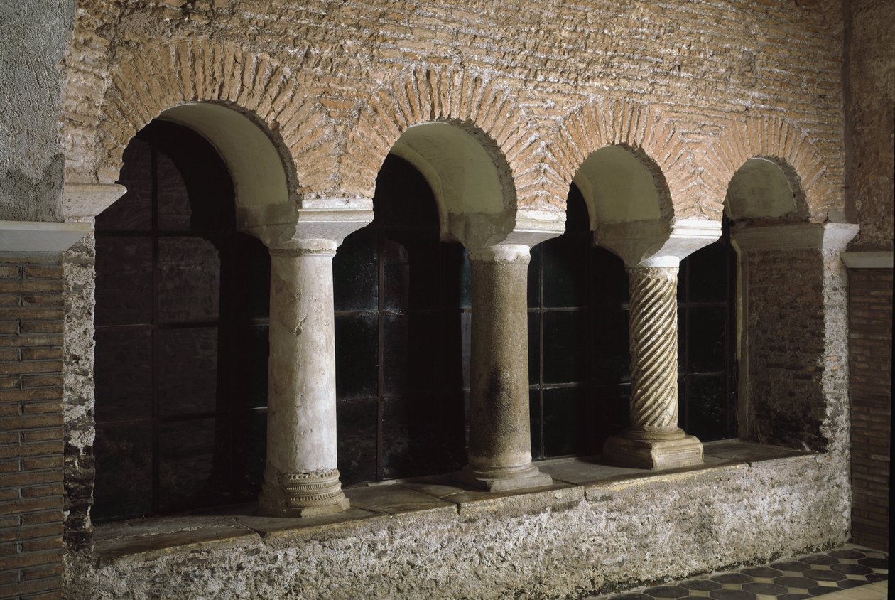 Vista do claustro da igreja de São Vicente e São Antasto a abadia das três fontes (Tre-Fontane) (Chiesa dei Santi Vincenzo e Anastasio alle Tre Fontane) (Vista do claustro da igreja de São Vicente e Anastasio, abbazia delle T de School Italian