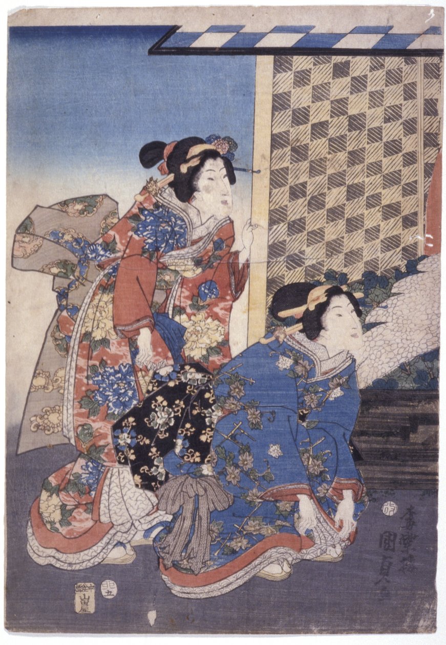 2 Mulheres (One Kneeling) (xilogravura a cores) de School Japanese