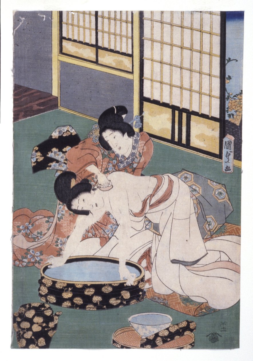 Pó para limpar o pescoço e ombros da mulher (xilogravura colorida) de School Japanese