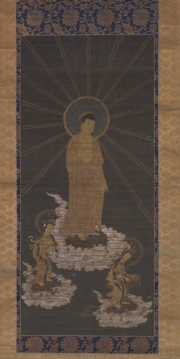 Descendência de Amida, ou Raigo, Muromachi Período c.1333-1568 (tinta sobre tecido) de School Japanese