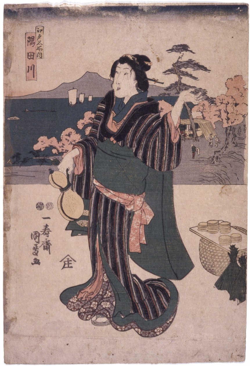 Edo Meisho Uchi: Sumidagawa (Mulher com cabaça) (xilogravura colorida) de School Japanese