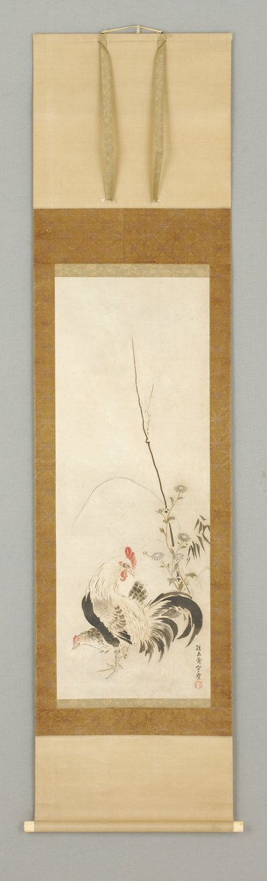 Kakemono, galo e galinha com flores de Japanese School