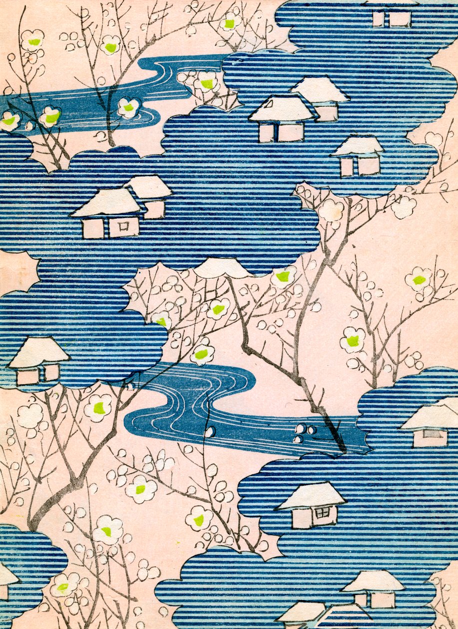 Padrão para um desenho de quimono: Casas de campo com rios e flores de cerejeira, c.1900 (impressão xilográfica a cores) de School Japanese