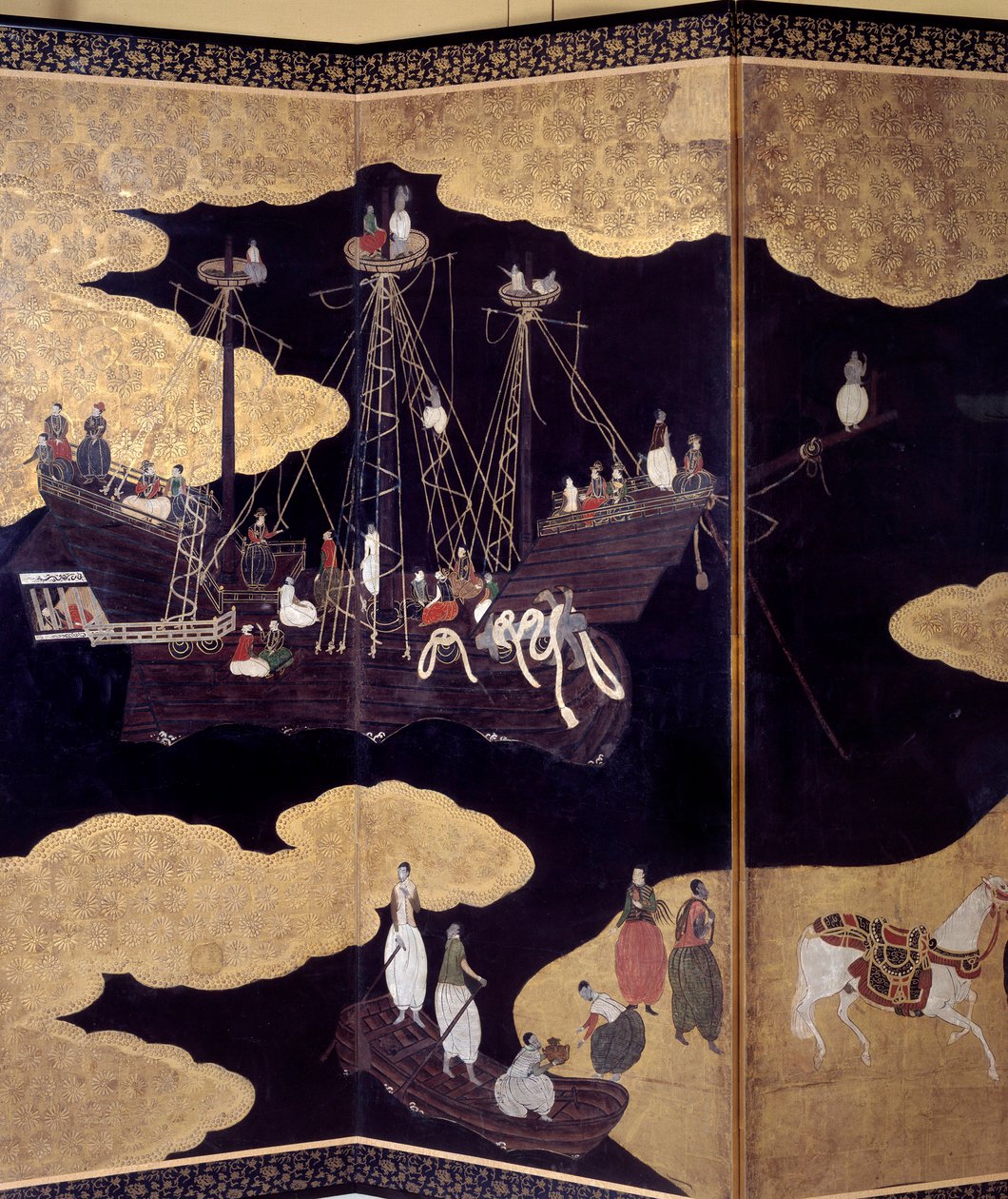 Ecrã "português": uma representação da chegada dos missionários jesuítas portugueses ao Japão, no século XVI. Detalhe. Realizado pela Escola de Kano (?). 1593-1600. Museu de Arte Antiga de Lisboa de Japanese School
