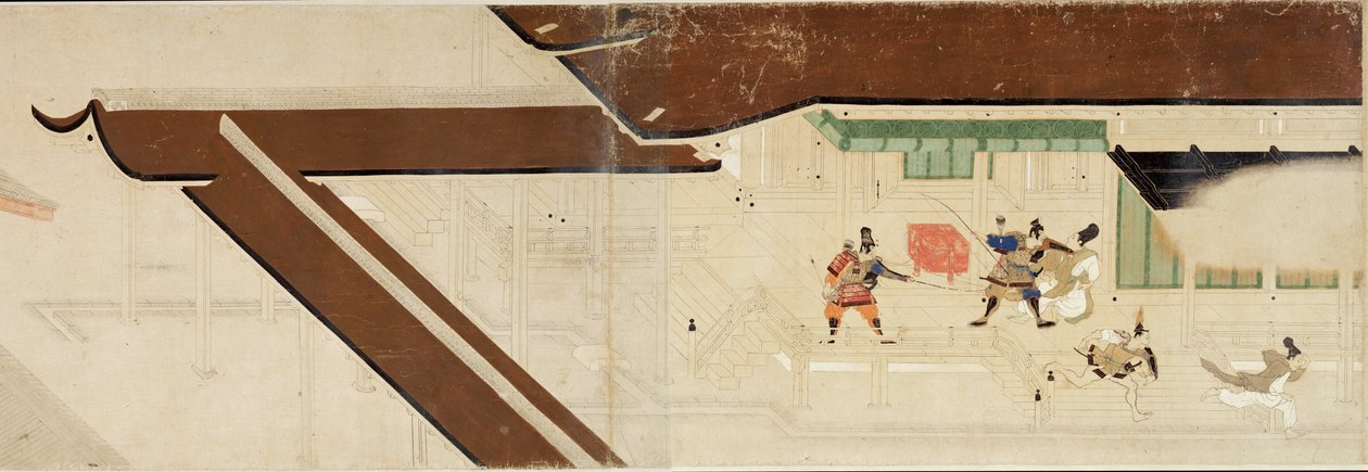 História ilustrada da rebelião de Heiji (1159-1160) (Visite imperiale a Rokuhara) (Ilustrated Tale of The Civil War, The Imperial Visit to Rokuhara) - Trabalho anônimo, aquarela e tinta sobre papel, primeiro rolo de School Japanese