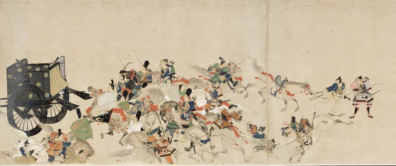 Recit illustre de la rebellion de Heiji (1159-1160) (Visite imperiale a Rokuhara) (Ilustrated Tale of The Civil War, The Imperial Visit to Rokuhara) - Oeuvre anonyme, aquarelle et encre sur papier, troisieme rouleau de School Japanese