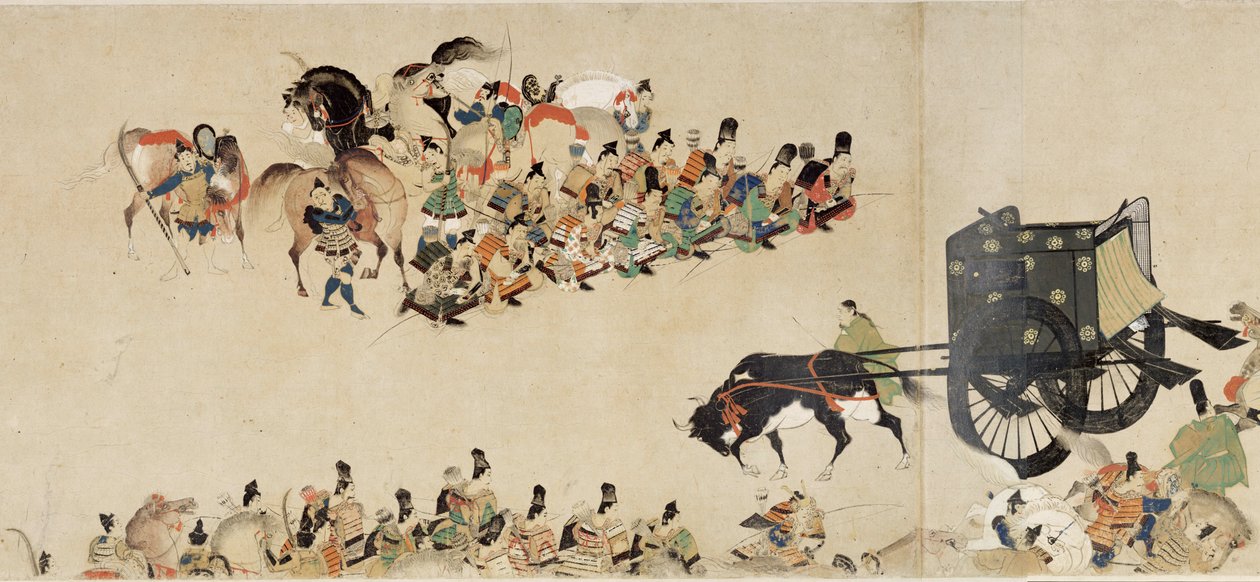 Illustrated Tale of the Civil War, The Imperial Visit to Rokuhara (Illustrated Tale of The Civil War, The Imperial Visit to Rokuhara) - Trabalho anônimo, aquarela e tinta sobre papel, quarto pergaminho de School Japanese