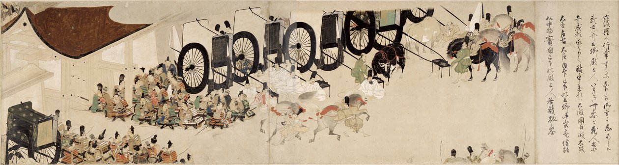 Illustrated Tale of the Civil War, The Imperial Visit to Rokuhara (Illustrated Tale of The Civil War, The Imperial Visit to Rokuhara) - Trabalho anônimo, aquarela e tinta sobre papel, sexto rolo de School Japanese