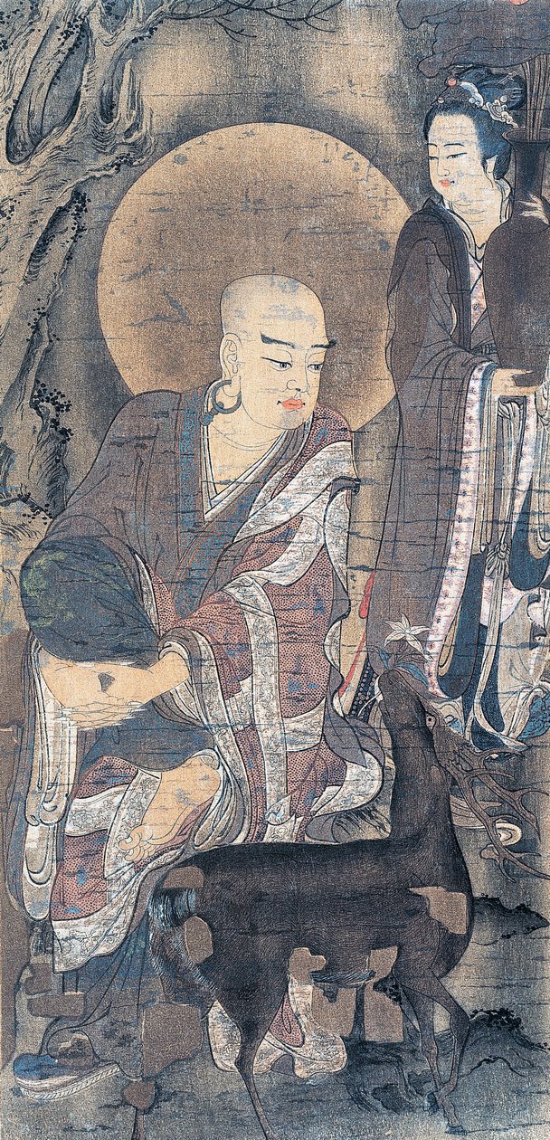 Pintura religiosa representando jovem monge com corça, pintura sobre seda, civilização japonesa, período Heian, 794-1185 de School Japanese