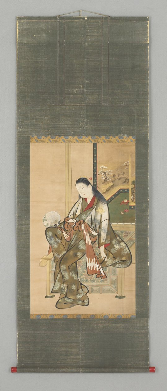 Senhora sentada com ventilador de Japanese School