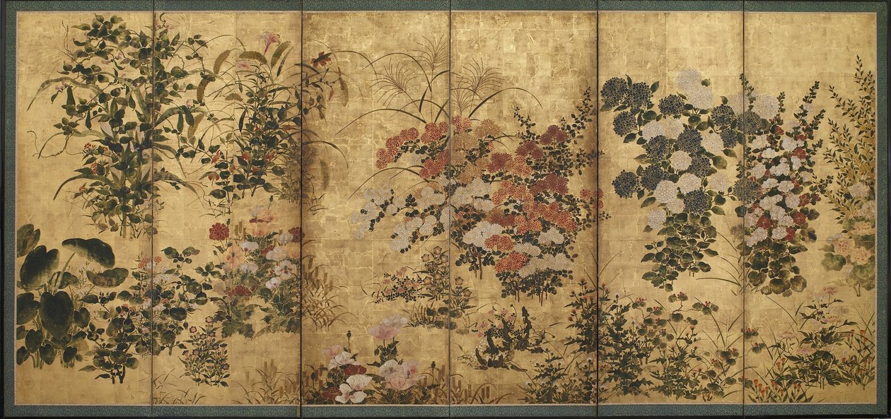 Flores de verão e outono, período Edo (cor sobre ouro no papel) de Japanese School